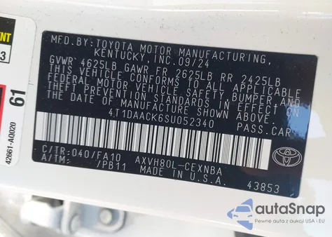 2025 Toyota Camry Le z USA, uszkodzony, nr VIN 4T1DAACK6SU052340